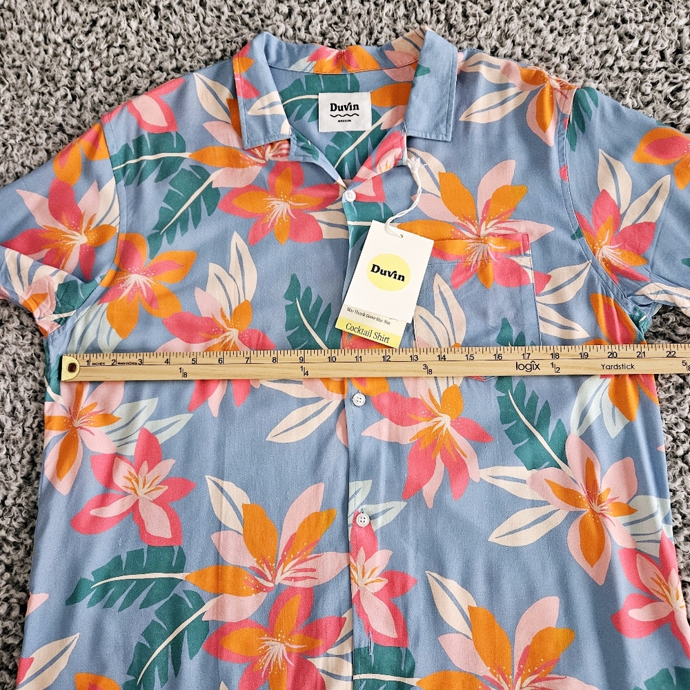 Duvin Mens Hawaiian Shirt Medium M Short Sleeve Button Up Floral Tropical Beach - Picture 11 of 14